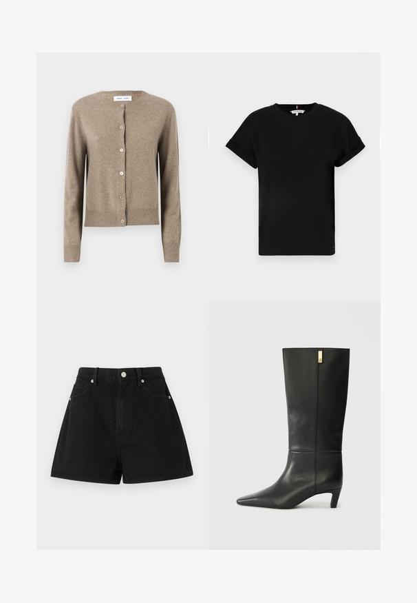 Cardigã de lã bege com decote redondo, mangas longas e cinco botões à frente; bainha e punhos canelados. Textura suave.; T-shirt preta de algodão com mangas curtas dobradas, apresentando um logotipo em relevo no centro e um pequeno detalhe de bandeira na lateral.; Calções de ganga pretos com cintura alta, cinco bolsos, acessórios em prata e um ajuste padrão, apresentando uma textura suave e um acabamento limpo.; Bota de couro preto até ao joelho com bico fino e um pequeno tacão. Apresenta um design elegante com um detalhe em dourado. Textura suave.