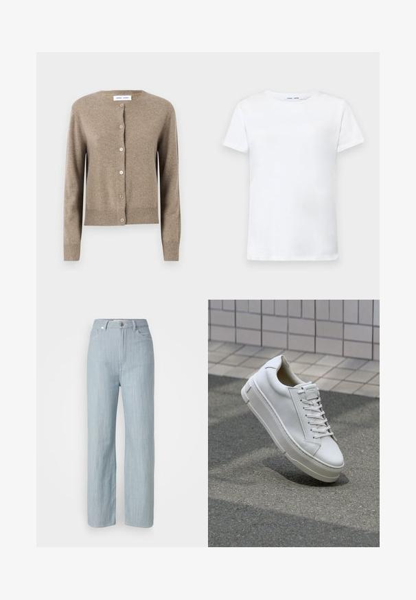 Cárdigan de lana beige con cuello redondo, mangas largas y cinco botones en la parte delantera; bajo y puños acanalados. Textura suave.; Camiseta blanca de manga corta hecha de algodón con diseño de cuello redondo. Textura suave y corte recto, sin patrones ni acentos.; Jeans de pierna recta en azul claro, hechos de denim. Cuenta con cinco bolsillos, un cierre de botón de metal y un sutil desgastado para añadir textura.; Zapatilla de cuero blanca con diseño bajo, cordones planos, punta redondeada y laterales texturizados. Suela de goma gruesa con acentos sutiles.