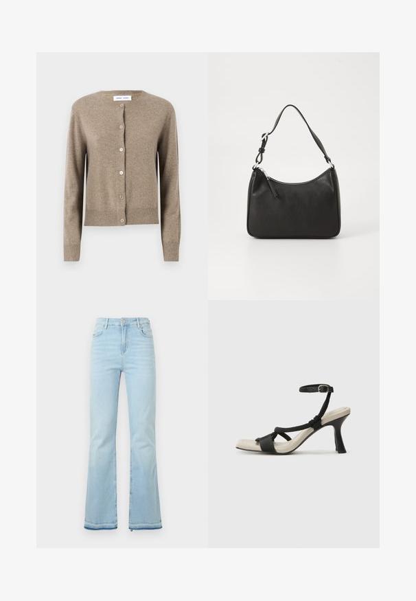 Cardigan din lână bej, cu decolteu rotund, mâneci lungi și cinci butoane pe față; tiv și manșete cu model râmas. Textură moale.; Tricou alb cu mâneci scurte, fabricat din bumbac, cu design de guler rotund. Textură netedă și croială dreaptă, fără modele sau accente.; Jeanși evazați de culoare bleu deschis, fabricați din denim, cu talie înaltă, buzunare frontale și margini brutale la mansete pentru un look casual.; Sandal cu toc negru, cu design de curea împletită, vârf pătrat și curea de gleznă ajustabilă. Tălpică de un bej deschis și toc negru lucios.; Geantă de mână din piele neagră, cu o formă curbată, curea unică, închidere cu fermoar și un branding subtil pe față. Textură fină, design minimalist.
