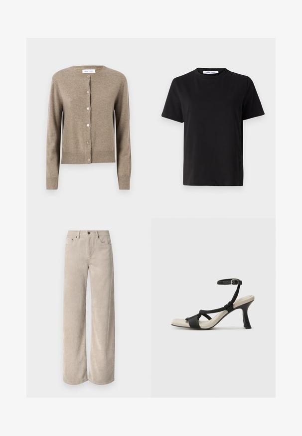Béžový vlněný cardigan s kulatým výstřihem, dlouhými rukávy a pěti knoflíky vpředu; žebrovaný lem a manžety. Měkká textura.; Černé tričko s krátkým rukávem vyrobené z měkké bavlny, s kulatým výstřihem, volným střihem a hladkým povrchem. Žádné viditelné vzory ani grafika.; Béžové kordové kalhoty s širokými nohavicemi a vertikálními pruhy, se zapínáním na knoflík a předními kapsami. Měkká, texturovaná tkanina s uvolněným střihem.; Černé sandály na podpatku s pleteným designem pásku, čtveratou špičkou a nastavitelným páskem kolem kotníku. Světle béžová stélka s lesklým černým podpatkem.
