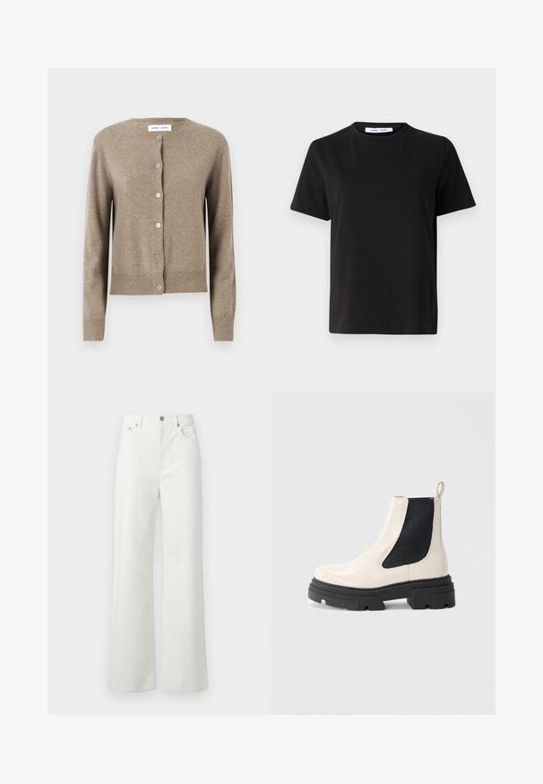 Beige wool cardigan with round neckline, long sleeves, and five buttons down the front; ribbed hem and cuffs. Soft texture.; Black short-sleeve t-shirt made of soft cotton, featuring a round neckline, relaxed fit, and a smooth texture. No visible patterns or graphics.; Samsøe Samsøe SHELLY - Relaxed fit jeans - clear cream; Cream leather Chelsea boot with chunky black sole and elastic black side panel against plain white background.