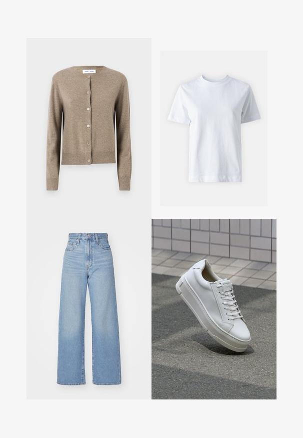 Cardigan din lână bej, cu decolteu rotund, mâneci lungi și cinci butoane pe față; tiv și manșete cu model râmas. Textură moale.; Tricou alb din bumbac, cu guler rotund, mâneci scurte, croială dreaptă și textură netedă. Fără modele sau embellishments.; Jeans cu talie înaltă, de culoare albastru deschis, cu croială largă, dotate cu nasture și fermoar la față, buzunare în față și spate, pe un fundal alb.; Adidași din piele albă cu un design low-top, șireturi plate, vârf rotund și laturi texturate. Talpă groasă din cauciuc cu accente subtile.