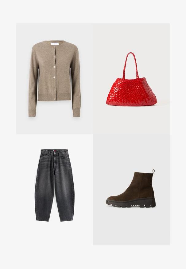Beige wollen cardigan met ronde hals, lange mouwen en vijf knopen aan de voorkant; geribde zoom en manchetten. Zachte textuur.; Lichtblauwe polo met lange mouwen, voorzien van horizontale grijze en witte strepen en een kraag.; Hoge taille zwarte denim jeans met een relaxed fit, voorzien van vijf zakken, riemlussen en een merklabel op de tailleband.; Bruine suède enkellaars met een stevige zwarte rubberen zool, voorzien van een lichte hak en een trekband aan de achterkant voor eenvoudig aan- en uittrekken.; Rode geweven handtas met glanzende afwerking, voorzien van gevlochten handvatten. Kenmerkende driehoekige vorm en gestructureerd oppervlak met een strak patroon.