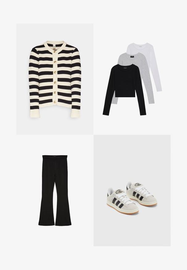 YAS YASSIRIKA CARDIGAN - Cardigan - birch stripe/black stripe; Three long-sleeve tops stacked: black, grey, and white. Each has a round neckline and a cropped design with smooth, lightweight fabric.; Black flare leggings made from stretchy fabric. Features a wide waistband and a smooth texture, with a fitted silhouette that flares at the hem.; Gray suede sneakers with white laces, black stripes, and a white rubber sole. Features a circular logo on the tongue and a gum sole.