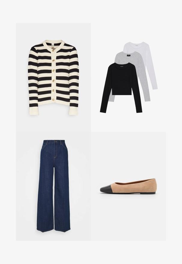 YAS YASSIRIKA CARDIGAN - Vest - birch stripe/black stripe; Drie langmouwige tops gestapeld: zwart, grijs en wit. Elke top heeft een ronde halslijn en een cropped ontwerp van soepel, lichtgewicht materiaal.; Hoge taille wijdvallende donkerblauwe denim jeans met voor- en achterzakken, knoopsluiting en zichtbare stikseldetails.; Beige suède ballet flats met een zwarte leren ronde neuskap, lage hak en een gladde textuur, met minimale stiksels en een schone uitstraling.