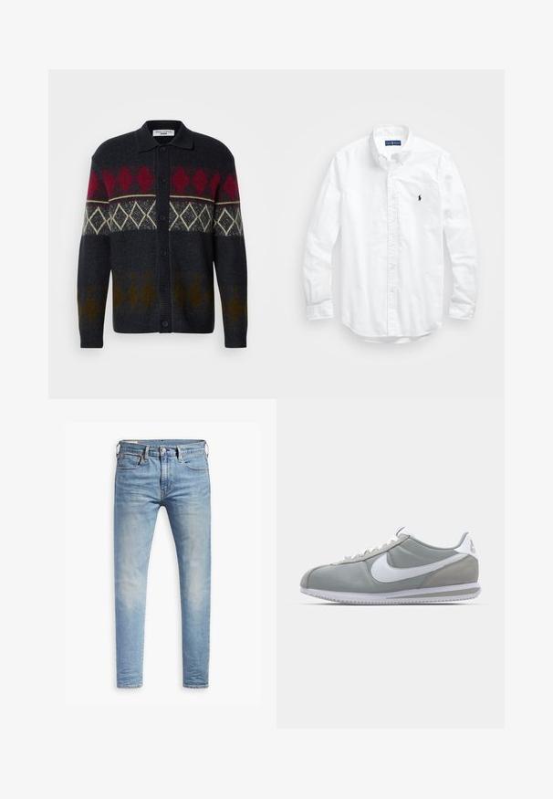 Mörk stickad kofta med ett argyle-mönster i röd, krämfärgad och olivgrön, med krage och framknappning.; Vit långärmad skjorta i bomull med knappar. Har en klassisk krage, knappmanchetter och en liten broderad logotyp i marinblått på bröstet.; Ljust blå smala jeans med lätt blekning på låren, framknäppning, bältesslingor och fem fickor på en vit bakgrund.; Grå idrottssko med ovandel i mocka och textil, vit Nike-swoosh och vita snören. Har en texturerad gummisula och vadderad krage.