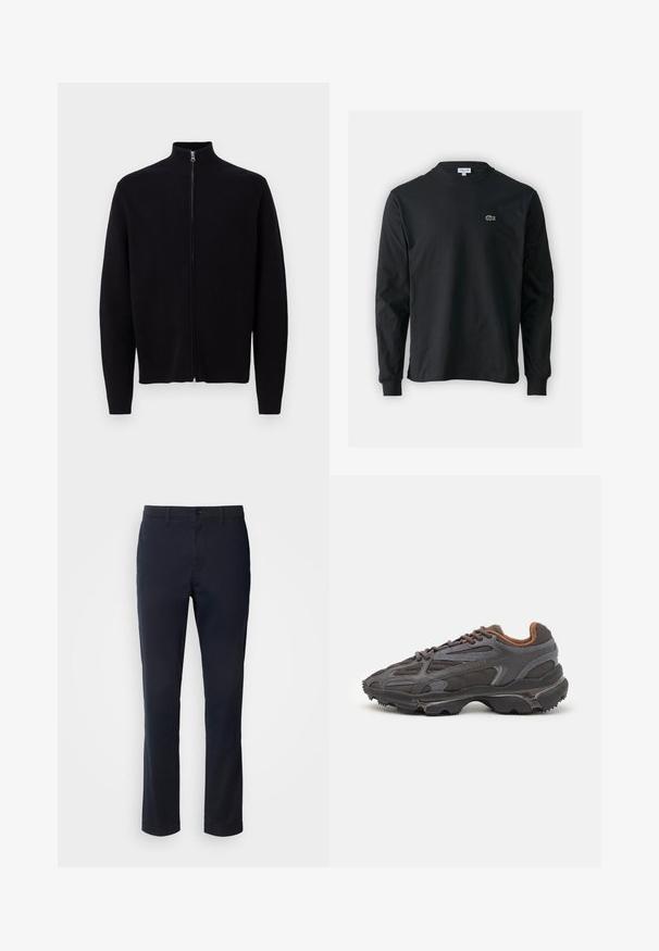 Pull zip noir avec un col haut, fabriqué en tissu tricoté. Il présente des manches longues et une finition lisse et texturée.; T-shirt noir à manches longues en coton, avec un col rond et un petit logo de crocodile brodé vert sur la poitrine gauche.; Pantalon bleu marine en tissu lisse, featuring une coupe droite, des passants de ceinture et une fermeture à bouton avec un zip.; Baskets Lacoste en gris foncé, en matériau mesh et synthétique, avec une semelle texturée et des accents marron sur le col et le branding.
