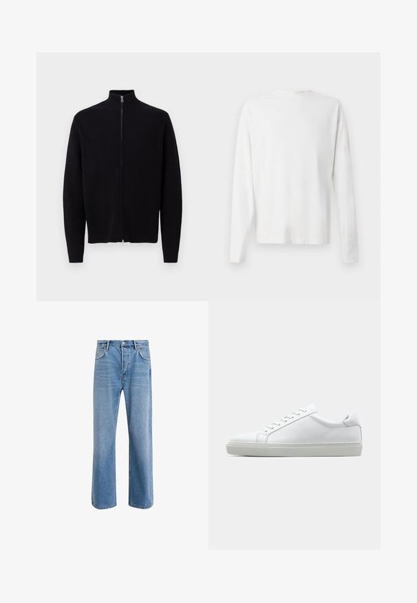 Schwarzer Reißverschluss-Pullover mit hohem Kragen, aus Strickstoff gefertigt. Verfügt über lange Ärmel und eine glatte, strukturierte Oberfläche.; Langärmliges weißes Baumwollhemd mit rundem Ausschnitt, seitlichen Schlitzen am unteren Rand und glatter Textur, von hinten präsentiert.; Helle blaue Jeans im Geradeschnitt-Design, mit fünf Taschen, Knopfverschluss, minimaler Ausbleichung und kontrastierenden Nähdetails.; Weißer Sneaker mit glattem Lederobermaterial und niedrigem Profil. Verfügt über eine runde Zehenpartie, sechs Ösen und eine strukturierte Gummisohle.