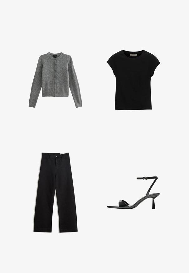 New Look CREW NECK - Strickjacke - grey; Schwarzes Kurzarm-T-Shirt aus weichem Stoff, mit Rundhalsausschnitt und lockerer Passform, glatter Textur und ohne Muster.; Schwarze weit geschnittene Jeans mit hoher Taille, ausgestattet mit Vorder- und Hintertaschen, gesteppten Nähten und einem Knopfverschluss. Glatte Textur.; Bershka High Heel Sandalette - black