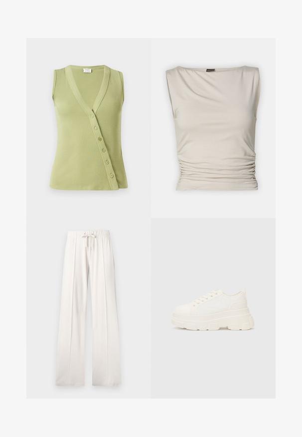 Lichtgroene mouwloze top van ribmateriaal. Heeft een v-hals en zeven knopen langs de zijkant voor sluiting.; Gina Tricot SOFT TOUCH BOATNECK TOP - Top - pumice stone; Lichtbeige sweatpants van zacht materiaal, met een trekkoord in de taille, wijde pijpen en verticale naden, met een gladde textuur.; Witte canvas sneaker met een stevige zool, ronde neus en vijf gaatjes voor veters. Achterste tab voor gemakkelijk aan- en uittrekken. Vloeibare textuur, minimalistisch ontwerp.