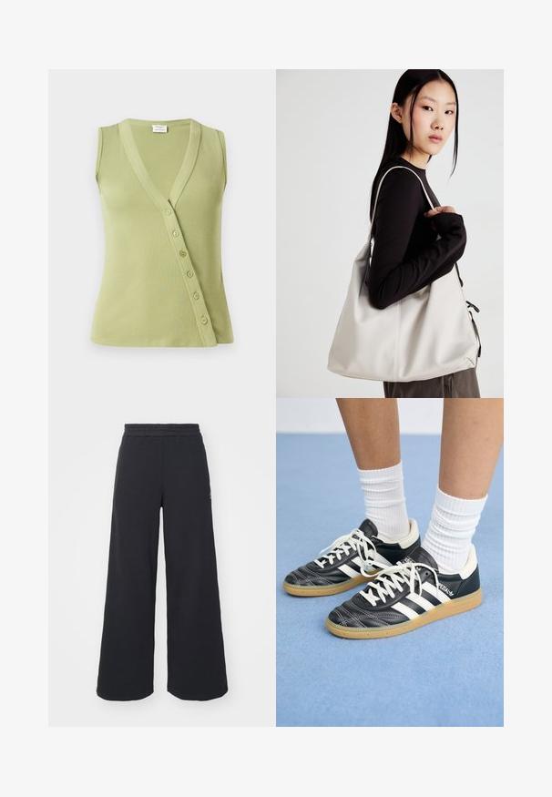 Világoszöld, ujjatlan, bordás anyagból készült felső. V-nyakú kivágással és hét gombbal a lehúzáshoz az oldalon.; Két hosszúujjú póló: az egyik fekete, a másik fehér. Mindkettő kerek nyakú, raglán ujjal és puha pamutkeverék anyaggal készült.; Fekete, bő szárú melegítőnadrág, puha anyagból készült, rugalmas derékkal és egy kis logóval a bal oldalon.; Fekete bőr sportcipők fehér csíkokkal, kerek orral, fehér fűzővel és gumírozott talppal. Párnázott bokarész és márkajelzések emelik ki.; Puha anyagból készült bézs kézitáska, laza dizájnnal, varrott részletekkel és két vállpánttal. Mindennapi használatra alkalmas.