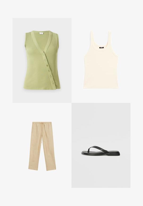 Haut sans manches vert clair en matériau côtelé. Présente un décolleté en V et sept boutons sur le côté pour la fermeture.; Débardeur beige clair en tissu côtelé, avec un col rond et des bretelles larges, d'une coupe ajustée et avec un minimalisme dans le design.; Pantalons beige clair, amples, avec une taille élastique et un cordon de serrage. Présente deux poches latérales et une texture lisse.; Tongs noires en cuir lisse, avec un design de sangle fine et une semelle plate à profil minimal. Aucun motif ou accent notables.