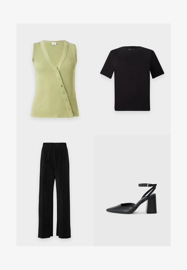 Haut sans manches vert clair en matériau côtelé. Présente un décolleté en V et sept boutons sur le côté pour la fermeture.; T-shirt noir à manches courtes avec un col rond, fabriqué en coton doux. Design simple, sans logos ni motifs visibles.; Pantalons plissés noirs avec une taille élastique. Présente des jambes larges et un tissu lisse texturé avec des rayures verticales.; Escarpin noir en cuir à bout pointu avec une bride de cheville et un talon épais. Texture lisse, design élégant et esthétique minimaliste.