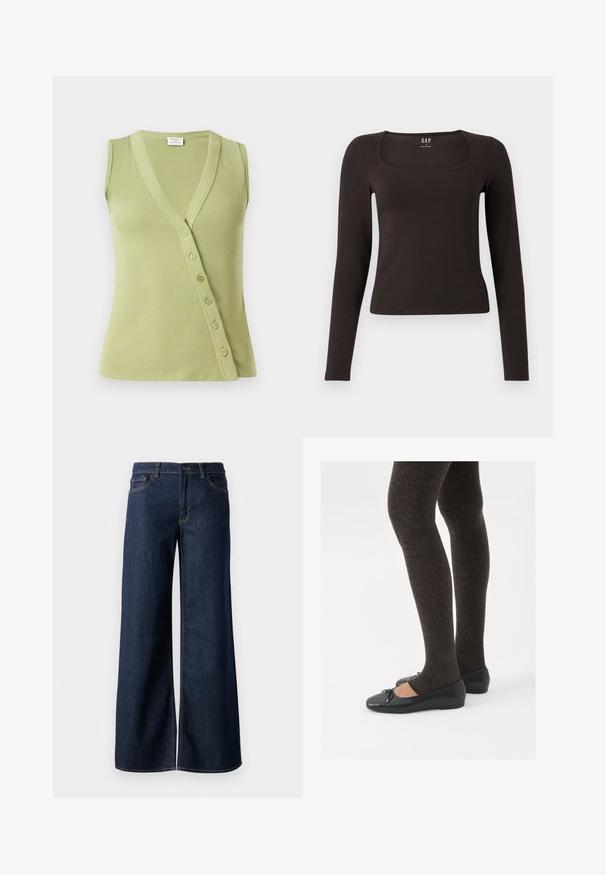 Haut sans manches vert clair en matériau côtelé. Présente un décolleté en V et sept boutons sur le côté pour la fermeture.; Haut noir à manches longues, ajusté, avec un décolleté carré, étiqueté GAP, affiché sur un fond blanc.; Jean large en denim bleu foncé. Présente des coutures contrastées, cinq poches et une fermeture par bouton à la taille. Texture lisse.; Chaussures plates noires avec un petit nœud au niveau des orteils, associées à des collants côtelés marron foncé. Les chaussures ont une texture lisse et un profil bas.