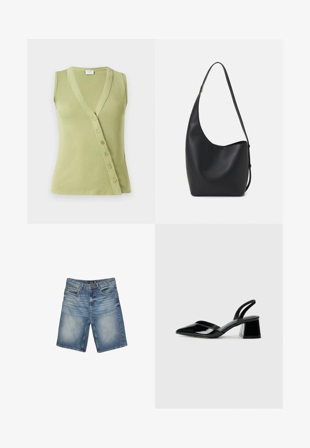 Helles grünes ärmelloses Oberteil aus geripptem Material. Verfügt über einen V-Ausschnitt und sieben Knöpfe an der Seite zum Verschließen.; Weißes T-Shirt mit kurzen Ärmeln aus Baumwolle. Hat einen Rundhalsausschnitt und eine lockere Passform. Glatte Textur ohne sichtbare Muster oder Akzente.; Hellblaue Denim-Shorts mit einem Bund und Gürtelschlaufen, fünf Taschen und einem leicht verblassten Finish für einen abgetragenen Look.; Schwarze Lackleder-Slingback-High Heels mit spitzem Schuh und einem geometrischen Blockabsatz. Verfügt über ein schlankes, minimalistisches Design und eine glatte Textur.; Schwarze Leder-Hobo-Tasche mit einer glatten Textur, geschwungener Form und einem einzelnen verstellbaren Tragegurt; verfügt über eine weite Öffnung am oberen Ende.