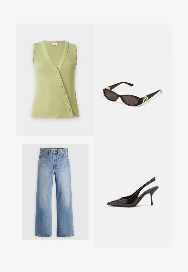 Haut sans manches vert clair en matériau côtelé. Présente un décolleté en V et sept boutons sur le côté pour la fermeture.; Camisole blanche avec un décolleté en V orné d'une délicate dentelle, des bretelles fines et réglables, et un tissu doux et lisse.; Jeans larges en denim bleu clair avec une taille haute, zones décolorées, cinq poches et coutures contrastées. Fermeture classique à bouton et à glissière.; Soulier à talons hauts type slingback en cuir verni marron foncé brillant, à bout pointu, côtés ouverts et bride de cheville réglable.; Lunettes de soleil en écaille, avec des verres ovales allongés, teinte marron, accents de logo doré sur les branches et montures noires élégantes.; Boucles d'oreilles en or en spirale avec un support transparent, présentant des accents dorés texturés et de petites pierres précieuses transparentes intégrées dans le design.
