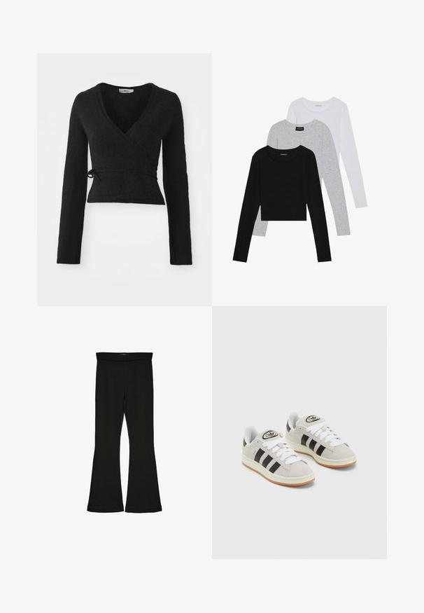 Melnā apakšā savītas džemperis, kas izgatavots no strukturētas auduma. Tam ir garas piedurknes, dziļa V veida kakla izgriezums un saišu aizdare jostasvietā.; Trīs garām piedurknēm veidotas augšdaļas, sakrautās: melna, pelēka un balta. Katram ir noapaļots kakla izgriezums un īsa dizaina forma ar gludu, vieglu audumu.; Melnas flared leggings, kas izgatavotas no stiepjama auduma. Iezīmējas ar platu jostasvietu un gludu tekstūru, ar pieguļošu siluetu, kas paplašinās pie apakšmalas.; Pelēkas zamšādas kedas ar baltām saites, melnām svītrām un baltu gumijas zoli. Raksturīga apļa logo uz mēles un gumijas zole.