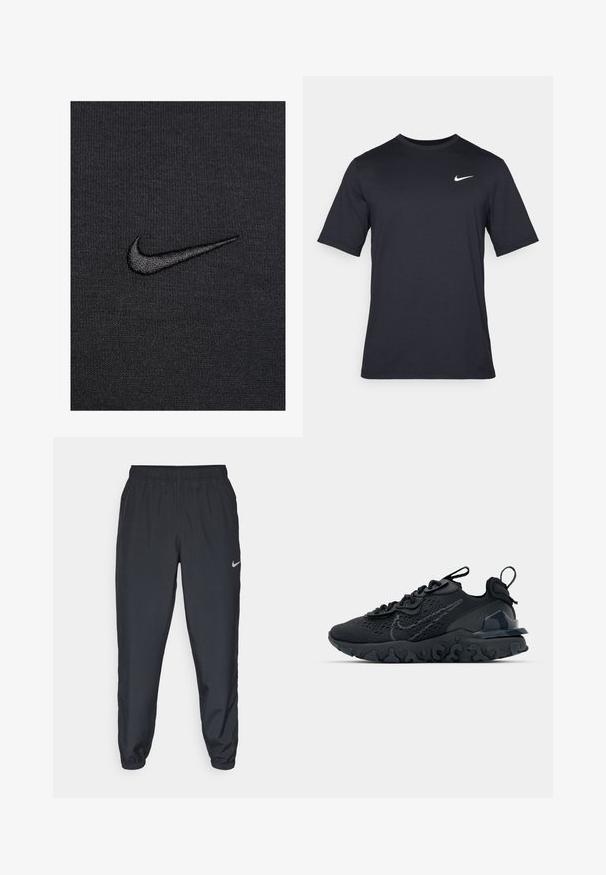 Fekete szövet bordázott textúrával rendelkezik, amelyen egy kisebb, hímzett Nike pipa logó található, sötétebb fekete színben.; Fekete, rövid ujjú Nike póló sima anyagból, fehér swoosh logóval a bal felső oldalon, kerek nyakkivágással.; Fekete sportnadrág könnyű anyagból, rugalmas derékkel és bokacsatokkal, a bal oldalon egy diszkrét Nike logóval.; Fekete sportcipő légáteresztő hálós felsőrésszel, texturált részletekkel és hullámos gumitalppal. Ráfókuszál a fényvisszaverő logóra és a fűzőrendszerre.