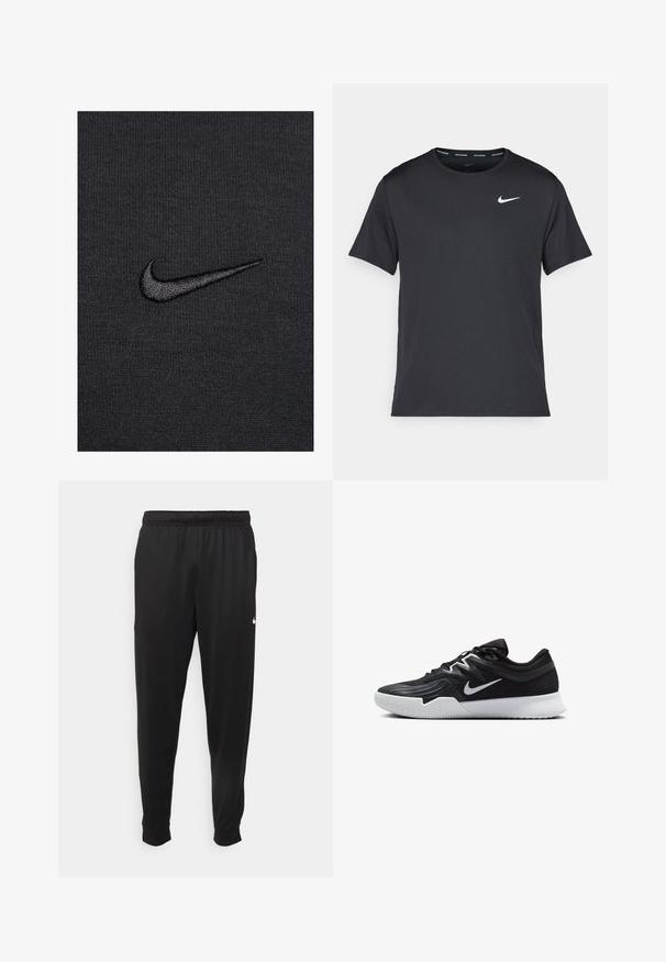 Tela negra con una textura estriada que presenta un pequeño logo bordado de Nike en una tonalidad más oscura de negro.; Camiseta de running negra de Nike, hecha de material ligero y transpirable, con mangas cortas y un pequeño logo blanco en el pecho.; Pantalones deportivos negros de tejido suave, con cintura elástica, perneras ajustadas y un pequeño logotipo blanco en el lado izquierdo.; Zapatilla deportiva negra con parte superior texturizada, logo de Nike en blanco y suela de goma blanca. Tiene un diseño con cordones y una forma dinámica.
