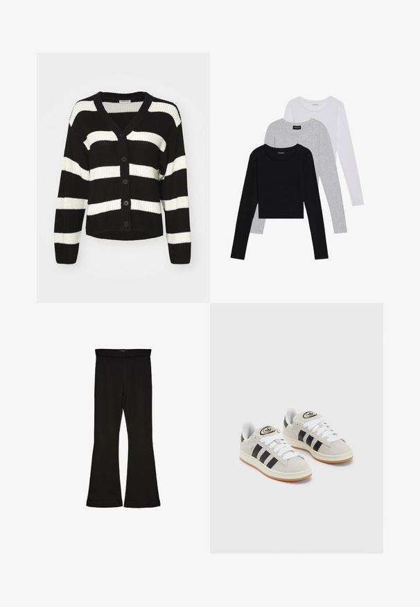 Čierny a biely pruhovaný pletený kardigán s výstrihom do V, zapínaním na gombíky a dlhými rukávmi. Štruktúrovaná látka s voľným strihom.; Tričko s dlhým rukávom v troch farbách: čiernej, sivej a bielej. Každé má okrúhly výstrih a skrátený strih vyrobený z hladkej, ľahkej tkaniny.; Čierne legíny s flared strihom vyrobené z elastického materiálu. Majú široký pás a hladkú textúru, s priliehavým siluetom, ktorý sa na okraji rozširuje.; Sivé semišové tenisky s bielymi šnúrkami, čiernymi pruhmi a bielou gumovou podrážkou. Obsahujú okrúhly logo na jazyku a gumenú podrážku.