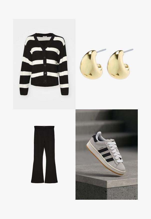 Mustat ja valkoiset raidalliset neulecardiganet, joissa on V-pääntie, napit edessä ja pitkät hihat. Teksturoitu kangas rentoa istuvuutta varten.; Kolme pitkähihasta paita päällekkäin: musta, harmaa ja valkoinen. Jokaisessa on pyöreä pääntie ja lyhennetty muotoilu, jossa on sileä ja kevyt kangas.; Mustat leveät legginsit, jotka on valmistettu joustavasta kankaasta. Niissä on leveä vyötärö ja sileä pinta, sekä vartalonmyötäinen leikkaus, joka levenee helmassa.; Harmaa Adidas Campus -tennari mustilla raidoilla ja valkoisilla nauhoilla leijumassa betonikaiteen yläpuolella, taustalla portaat.; Kultaiset korvakorut, joissa on sileä ja pyöreä muoto, heijastava pinta ja takana kiinnitettävä mekanismi, joka takaa turvallisen käytön.