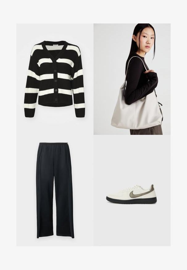 Black and white striped knit cardigan with a v-neck, button front closure, and long sleeves. Textured fabric with a relaxed fit.; Two short-sleeve T-shirts in black and white. Made of soft cotton, featuring a round neckline and standard fit with minimal stitching detail.; Black athletic pants made from soft fabric, featuring a wide-leg design, elastic waistband, and vertical pleats on the sides.; Nike Sportswear FIELD GENERAL - Trainers - off-white/black; Beige handbag made of soft material, featuring a slouchy design, stitched detailing, and two shoulder straps. Suitable for everyday use.
