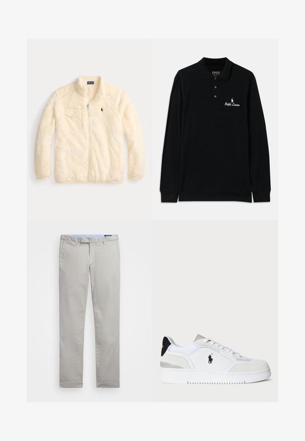 Kreemikaareline fliistekk, millel on lukuga esiosa, püsti krae, vasakul rinna kohal tasku ja väike tikitud logo rinnal. Pehme ja tekstureeritud kangas.; Mustast pikkade varrukatega polo särk, mis on valmistatud puuvillast, featuring ribitud krae, kolme nupuga pehmendus ja valge tikandiga "Ralph Lauren" logo.; Heledad hallhalli puuvillased chinosid lame front disainiga, vöölõigud ja küljetaskud. Sile tekstuur ja sirge sääre sobivus.; Valged sneake'ride nahk- ja sametpealne, must kannaaktsent, lame paelad, logo külgedel ja tekstureeritud tallad.