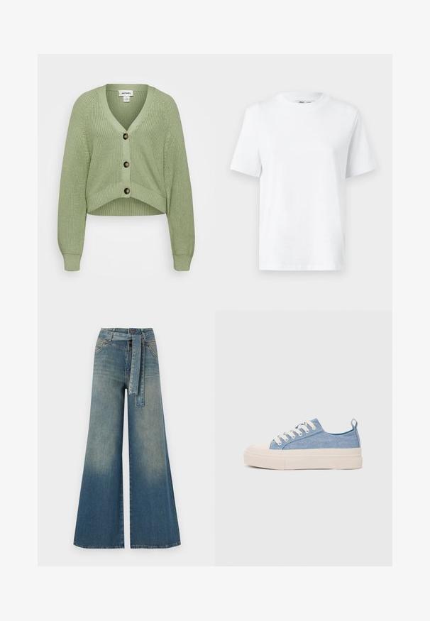Monki Casaco de malha - green; T-shirt branca de algodão com decote redondo, featuring mangas curtas e uma textura suave. Projetada com um corte solto para conforto e versatilidade.; Calças de ganga de perna larga com um gradiente de azul claro a escuro, cintura alta, passantes para cinto e um cinto de tecido a condizer. Acabamento em ganga texturizada.; Ténis de lona azul claro com uma biqueira e sola de borracha creme, apresentando atacadores brancos e uma alça na parte de trás.