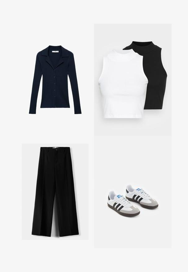 Mornarsko modra rebrasta jopica z dolgimi rokavi in koničastim ovratnikom, s šestimi gumbi spredaj in teksturiranim pletenjem.; Dva brezrokavniki z rebrasto turtleneck gorami v črni in beli barvi, z oblikovanim dizajnom in gladko teksturo, v skrajšani dolžini.; Črne široke hlače iz lahkega materiala, z zapiranjem na gumb spredaj in ravnim sprednjim delom, s skrbno zašiti robovi.; Športni čevlji z belim usnjenim zgornjim delom, sivim semišem na prstih in tremi črnimi črtami. Imajo modro logo na jeziku in teksturiran gumijast podplat.