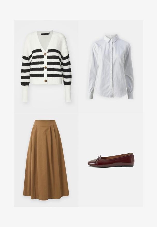 Black and white striped cardigan with a v-neck, three brown buttons, and ribbed texture. Features long sleeves and a cropped fit.; White button-up shirt made of smooth cotton, featuring a classic collar, long sleeves, and a curved hem. Buttons are small and white.; Brown cotton A-line skirt with a high waist, featuring pleats down the front and a smooth texture. Hem finishes are clean and simple.; Burgundy patent leather ballet flat with a rounded toe, small bow accent at the front, and a low, black rubber sole. Smooth texture.