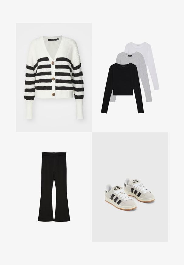 Black and white striped cardigan with a v-neck, three brown buttons, and ribbed texture. Features long sleeves and a cropped fit.; Three long-sleeve tops stacked: black, grey, and white. Each has a round neckline and a cropped design with smooth, lightweight fabric.; Black flare leggings made from stretchy fabric. Features a wide waistband and a smooth texture, with a fitted silhouette that flares at the hem.; Gray suede sneakers with white laces, black stripes, and a white rubber sole. Features a circular logo on the tongue and a gum sole.