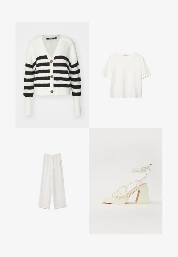 Stribet cardigan i sort og hvid med v-udskæring, tre brune knapper og ribbet struktur. Har lange ærmer og en cropped pasform.; Hvid kortærmet t-shirt lavet af bomuld. Har en rund halsudskæring og en afslappet pasform. Glat tekstur uden synlige mønstre eller detaljer.; Hvide bukser med bred benlængde lavet af et letvægtsstof. Har et elastisk talje med snor og sidelommer. Glat tekstur.; Hvide højhælede sandaler med en kraftig hæl, der har et stropdesign og ankelbinding. Glat tekstur med en platform foran for ekstra højde.