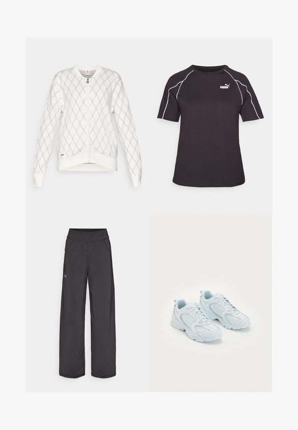 Daily Sports ARGYLE CARDIGAN - Bluză de molton cu fermoar - white/pink; Tricou negru cu mânecă scurtă, fabricat dintr-un amestec de bumbac. Are cusături albe în contrast și un logo brodat pe partea stângă a pieptului. Design cu gât rotund.; Pantaloni atletici negri cu un talie lată, buzunare laterale și cusături plate. Prezintă un mic logo pe piciorul stâng. Realizați dintr-un material neted și elastic.; Pantofi sport de culoare albastru deschis, cu un superior din plasă și sintetice, având buline albe și accente reflective, design cu șireturi și tălpi căptușite.