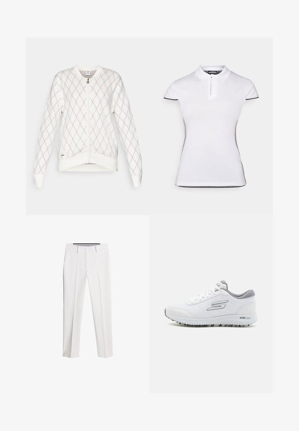 Daily Sports ARGYLE CARDIGAN - Felpa con zip - white/pink; Polo bianco con maniche corte, colletto e pattina con bottoni frontale. Accenti neri sulle maniche e cuciture laterali. Tessuto morbido e liscio.; Pantaloni bianchi realizzati in tessuto liscio, con design a gamba dritta, tasche frontali e chiusura con bottone, arricchiti da pieghe sottili.; Scarpe sportive bianche con tomaia in mesh testurizzato, dettagli in argento e una suola leggera con piccoli tacchetti per la trazione, etichettate "ULTRA FLIGHT."