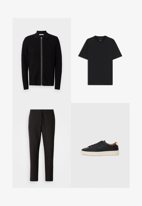 Felpa nera con zip, colletto e tasca sul petto. Realizzata in tessuto morbido e testurizzato. Presenta una zip a lunghezza completa e maniche lunghe.; Maglietta nera a maniche corte realizzata in un morbido misto cotone, con scollatura a girocollo e un design minimalista senza motivi o dettagli.; Pantaloni jogger neri realizzati in tessuto liscio. Presentano una vita elasticizzata con stringa, gambe affusolate e senza tasche visibili. Design semplice.; Sneakers in pelle nera con una texture liscia, suola in gomma beige, design con lacci e un accento del tacco in contrasto.