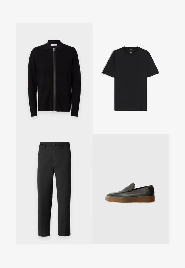 Sort zip-up sweater med krave og brystlomme. Fremstillet af blødt, teksturet stof. Har en fuld længde lynlås og lange ærmer.; Sort kortærmet T-shirt lavet af en glat bomuldsblanding, med en rund halsudskæring og et minimalistisk design uden mønstre eller accenter.; Sort bukser med lige snit, lavet af glat stof. Har knaplukning og bæltestropper. Ingen synlige mønstre eller accenter.; Calvin Klein HYBRID CUP - Loafers - after dark