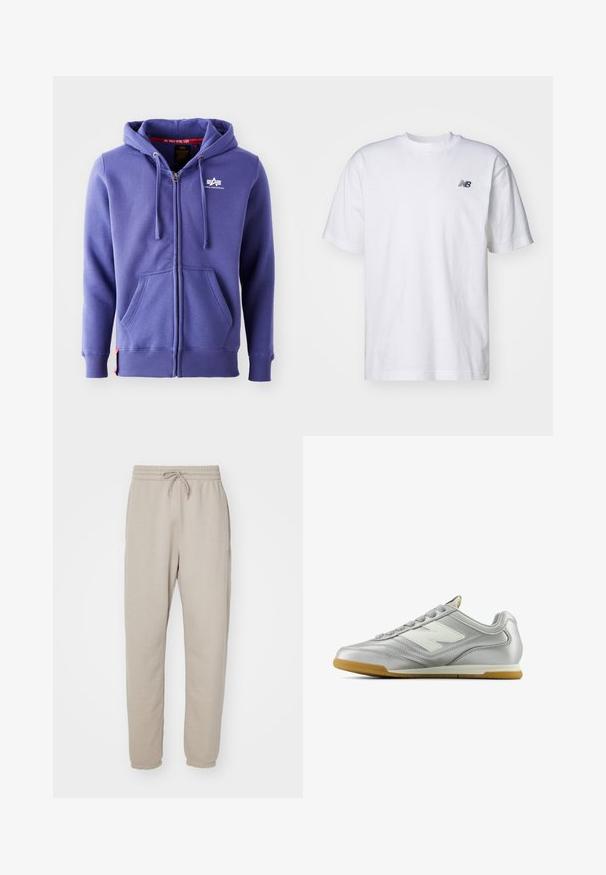 Purple zip-up hoodie made of soft fabric, featuring a front logo, drawstring hood, and two front pockets with ribbed cuffs and hem.; White short-sleeve crew neck T-shirt with small black New Balance logo on left chest against a plain background.; Beige sweatpants made of soft fabric, featuring an elastic waistband with drawstring, side pockets, and tapered legs.; Silver athletic shoe with a smooth, shiny surface, white logo on the side, textured gray laces, and a gum rubber sole.