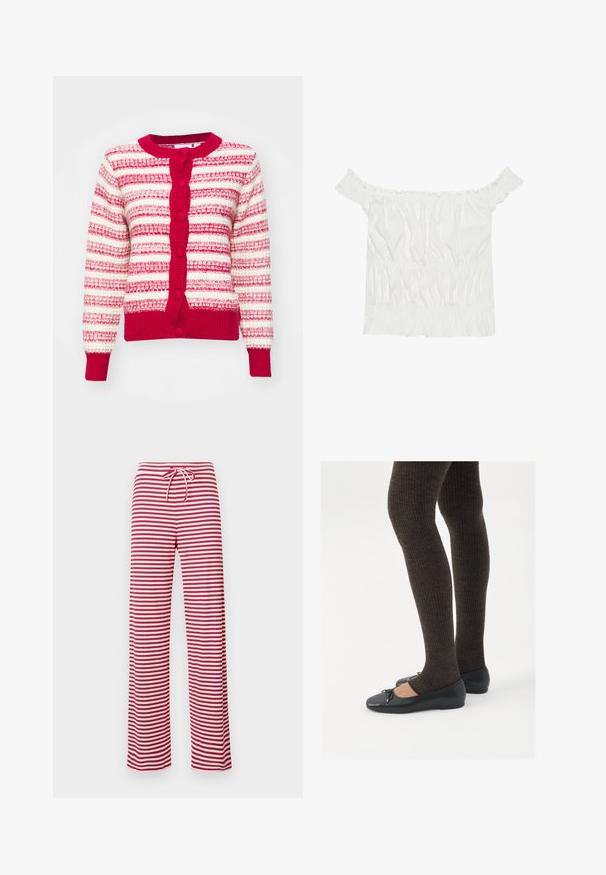Cardigan a strisce rosse e bianche con collo tondo, lavorato a maglia texture e chiusura con bottoni. Presenta maniche lunghe e polsini e orlo a costine.; Top bianco senza spalline con dettagli arricciati, texture plissettata e vita elasticizzata. Realizzato in morbido cotone.; Pantaloni a righe rosse e bianche, dalla vestibilità ampia, con vita regolabile tramite cordino e texture a coste. Design a gamba dritta che arriva fino alla caviglia.; Scarpe nere a flat con un piccolo fiocco sulla punta, abbinate a collant a coste marrone scuro. Le scarpe hanno una texture liscia e un profilo basso.