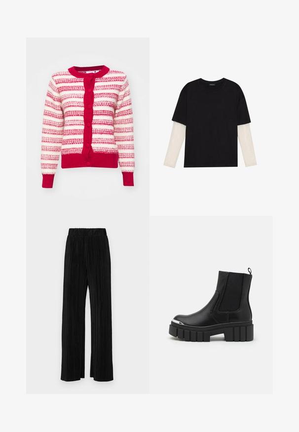 Czerwono-biała kardigan z paskami, okrągłym dekoltem, teksturowanym splotem i zapięciem na guziki. Posiada długie rękawy oraz ściągacze na rękawach i u dołu.; Czarny T-shirt wykonany z bawełny, z krótkimi rękawami na białej warstwie z długim rękawem z delikatnym teksturowanym wzorem. Projekt z okrągłym dekoltem.; Czarne spodnie plisowane z elastycznym paskiem w talii. Posiadają szerokie nogawki oraz gładki, teksturowany materiał z pionowymi paskami.; Czarne botki za kostkę wykonane z gładkiej skóry, z elastycznymi panelami, grubą podeszwą platformową i metaliczną czubkiem.