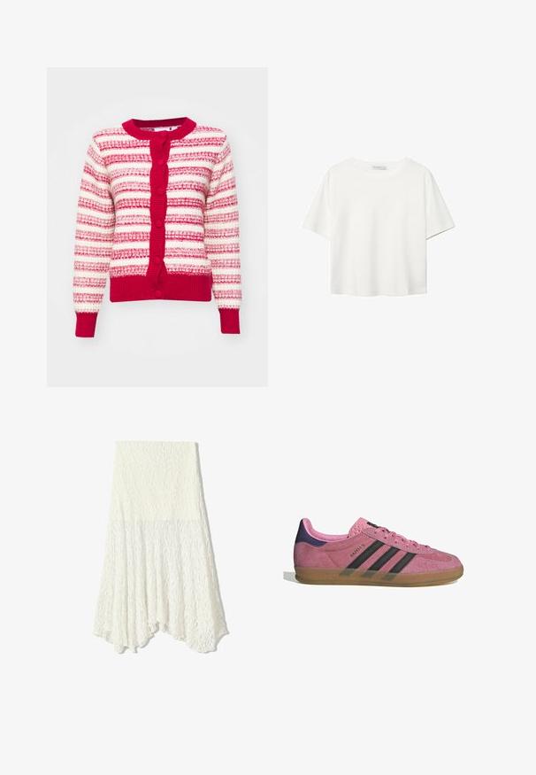 Rot-weißer gestreifter Cardigan mit rundem Ausschnitt, strukturiertem Strick und Knopfverschluss. Er hat lange Ärmeln sowie gerippte Bündchen und Saum.; Weißes T-Shirt mit kurzen Ärmeln aus Baumwolle. Hat einen Rundhalsausschnitt und eine lockere Passform. Glatte Textur ohne sichtbare Muster oder Akzente.; Weißer Spitzentüllrock mit strukturiertem Muster, asymmetrischem Saum und fließender Silhouette, aus leichtem Material gefertigt.; Rosa Wildleder-Sneaker mit schwarzen Streifen, Gummisohle und strukturiertem lila Fersenbereich. Verfügt über ein Schnürdesign und geprägte Markenkennzeichnung an der Seite.