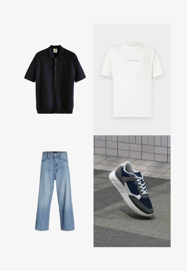 Next BUTTON THROUGH REGULAR FIT - Cardigan - navy; T-shirt bianco in cotone con maniche corte e colletto a girocollo. Il testo centrato recita "BENVENUTO IN PARADISO" in un font verde curvo.; Jeans blu chiaro a gamba larga realizzati in denim, con vita alta, classico design a cinque tasche e chiusura a bottone con zip.; Sneaker con tomaia in rete blu navy, inserti in suede grigio, suola in gomma bianca e lacci bianchi piatti, progettata per comfort e traspirabilità.