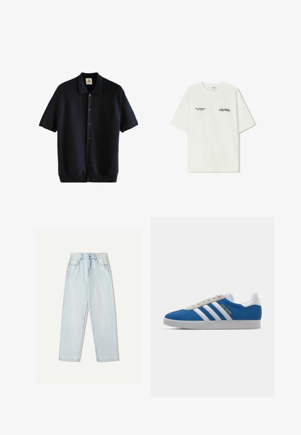 Next BUTTON THROUGH REGULAR FIT - Jopica - navy; Bela bombažna majica s kratkimi rokavi. Na sprednji strani je črn napis: "NE JUTRI NE DANES" in "UMETNOST SVETOVANJA" v zeleni pisavi.; Svjetloplave traperice s ležernim krojem, ravnim nogavicama, dizajnom s pet džepova i suptilnim izblijedjenjem na tkanini.; adidas Originals ADIDAS GAZELLE SHOES - Dvoranske nogometne kopačke - real madrid/bluebird/footwear white/crew yellow