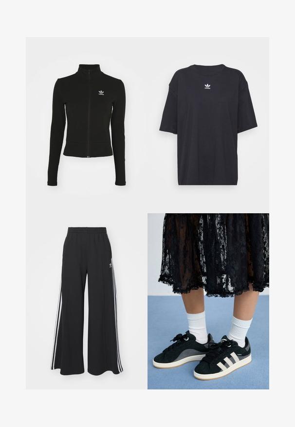 Černá zipová bunda s dlouhými rukávy, vyrobená z texturovaného materiálu, s malým modrým logem Adidas na levé hrudi.; Černé bavlněné tričko s krátkými rukávy a kulatým výstřihem, na hrudi má bílé logo Adidas. Jednoduchý design, uvolněný střih.; Černé pohodlné tepláky širokého střihu s elastickým pasem, na boční straně s bílými pruhy a vyšitým logem na levé stehně.; Černá krajková sukně obkresluje bílé ponožky a černé boty s světle šedými pruhy na modrém pozadí, což zvýrazňuje stylový ležérní vzhled.