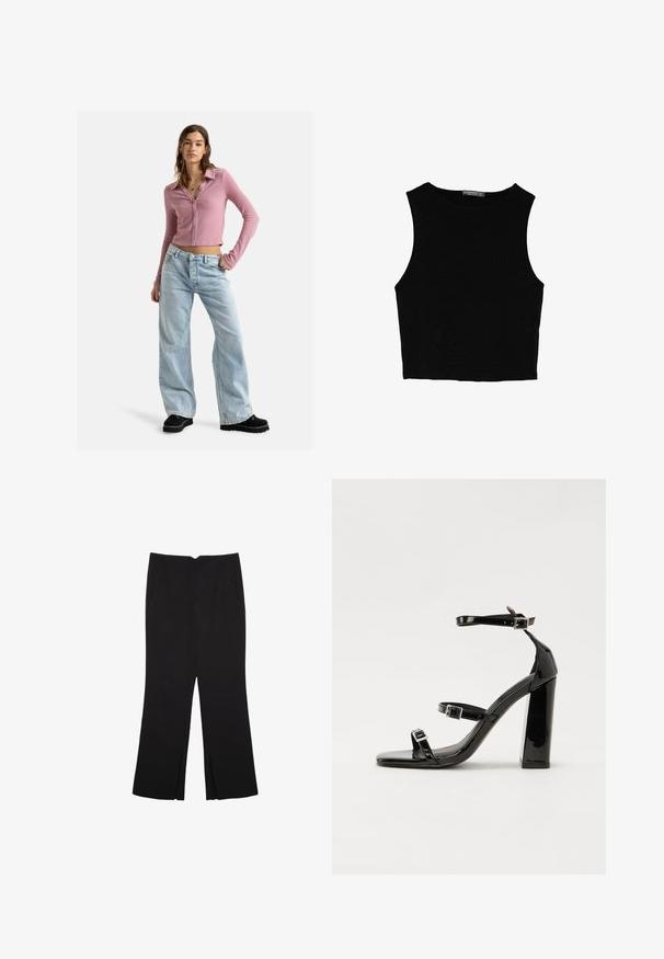 Roxy PETAL BLIZZARD - Kardigan - mauve orchid; Černý bezsleeve crop top vyrobený z hladké tkaniny, s kulatým výstřihem a čistým, jednoduchým designem bez vzorů nebo kovových doplňků.; Černé kalhoty s rovným střihem, s předními kapsami a bočními rozparky na lemu. Vyrobené z jemné, hladké tkaniny. Vhodné na různé příležitosti.; Černé lakované sandály na podpatku se čtveratou špičkou, lýtkovými pásky a stříbrnými přezkami. Disponují masivním blokovým podpatkem pro stabilitu.