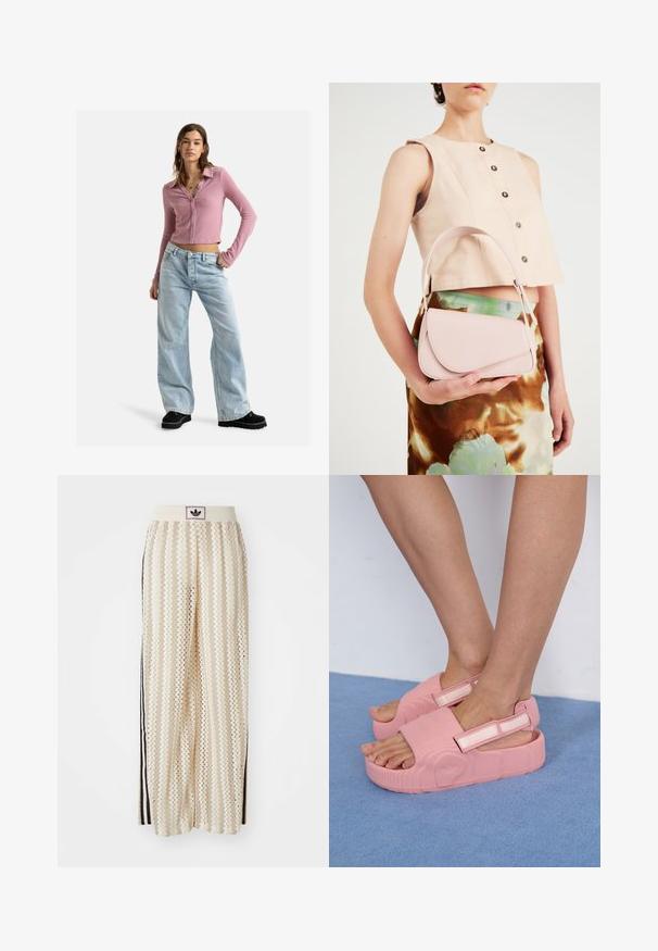 Roxy PETAL BLIZZARD - Cardigan - mauve orchid; Tricou alb din bumbac cu mâneci scurte și guler rotund. Prezentă un logo Adidas negru pe piept și un guler interior contrastant de culoare neagră.; Pantaloni largi de culoare crem, cu un model în zigzag, având un brâu cu logo negru și dungi laterale negre. Material ușor, texturat.; Saboturi din cauciuc roz, cu o parte superioară texturată, curea ajustabilă și o talpă groasă, evidențiind modele de valuri și un logo al mărcii pe lateral.; Geantă de piele roz cu clapetă curbată, curea simplă pentru umăr și linii curate. Geanta prezintă o textură netedă și un design minimalistic.