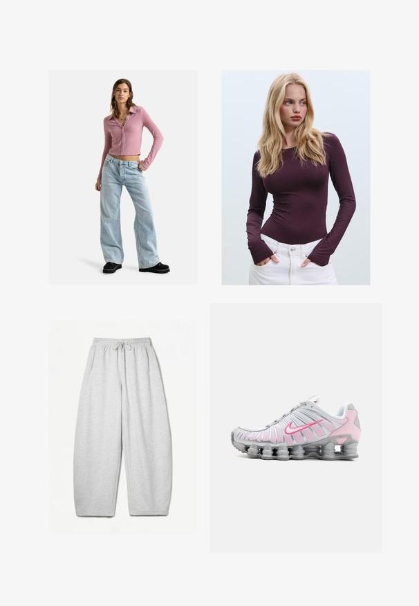 Roxy BLIZZARD mauve; Bordowy, dopasowany top z długim rękawem i okrągłym dekoltem, z otworami na kciuki, zestawiony z białymi spodniami o wysokim stanie. Gładki materiał i elastyczna faktura.; Jasnoszare dresy o luźnym kroju, z elastycznym pasem, sznurkiem i bocznymi kieszeniami; wykonane z miękkiego, teksturowanego materiału.; Sportowe buty Nike w białym i jasnoróżowym kolorze. Posiadają siateczkową cholewkę oraz charakterystyczną zakrzywioną podeszwę z widoczną poduszką powietrzną.