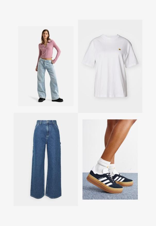 Roxy PETAL BLIZZARD - Cardigan - mauve orchid; White cotton t-shirt with a relaxed fit, short sleeves, and a small embroidered logo on the left chest area.; Wide-leg blue denim trousers with a high waist, contrasting stitching, and side pockets, featuring a classic five-pocket design and raw hems.; Black suede sneakers with white stripes and accents, rounded toe, gum rubber outsole, paired with white ribbed crew socks.