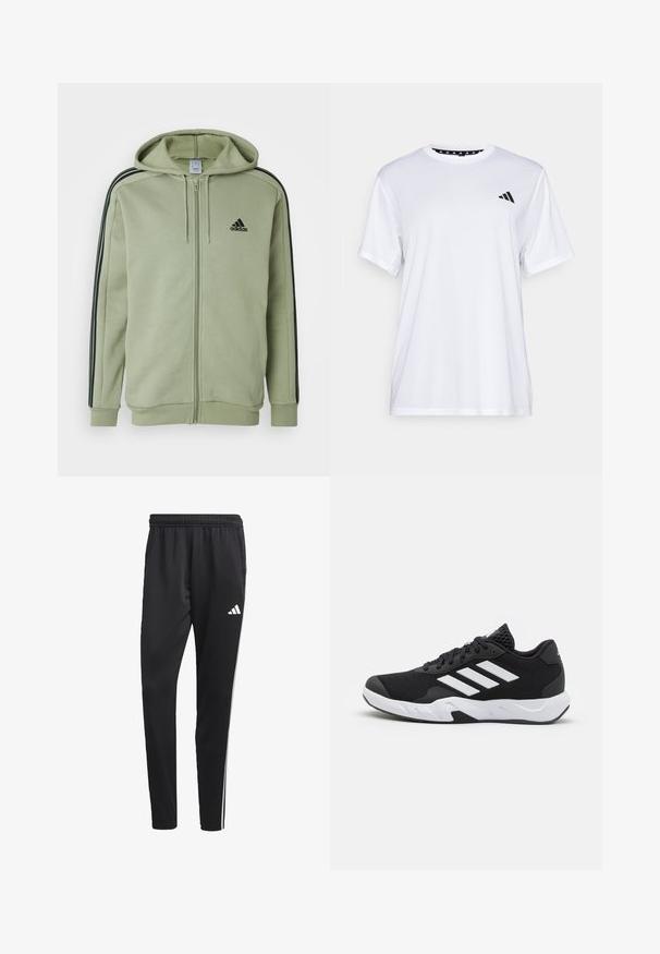 adidas Sportswear ESSENTIALS 3 STRIPES FULL ZIP - Φούτερ με φερμουάρ - tent green/black; Λευκό αθλητικό μπλουζάκι με κοντά μανίκια, κατασκευασμένο από ύφασμα που απορροφά την υγρασία. Διαθέτει μαύρο λογότυπο στην αριστερή πλευρά του στήθους και μοτίβο στη εσωτερική γραμμή του λαιμού.; Μαύρο αθλητικό παντελόνι με ελαστική μέση, λευκές πλαϊνές ρίγες και ένα μικρό λευκό λογότυπο στο μηρό. Φτιαγμένο από απαλή, ελαφριά ύφανση.; Μαύρα αθλητικά παπούτσια με υφασμάτινη άνω επιφάνεια κώνου, λευκές διακοσμητικές ρίγες, μαξιλαρωτή σόλα και ενισχυμένη φτέρνα για στήριξη.