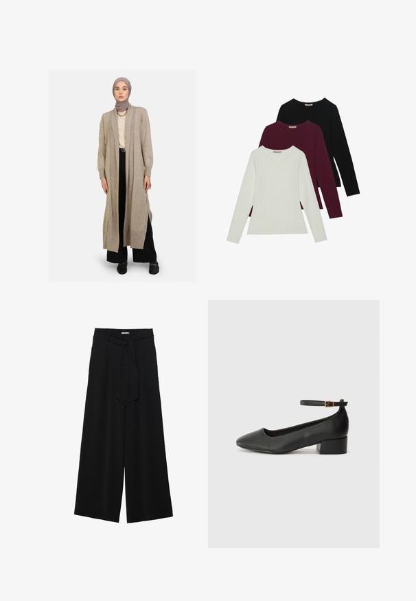 Beżowy długi kardigan z miękkiej dzianiny, o luźnym kroju, z otwartym przodem, bocznymi rozcięciami i prążkowanymi mankietami, noszony na kremowej bluzce i czarnych spodniach.; Koszulki z długim rękawem w kolorach białym, burgundowym i czarnym. Wykonane z miękkiej tkaniny, z okrągłym dekoltem i dopasowanym krojem. Idealne do warstwowego ubierania.; Czarne spodnie szerokie z teksturowanej tkaniny, z elastycznym paskiem w talii i odpinanym paskiem w talii dla regulowanego dopasowania.; Czarne skórzane szpilki z ostrym noskiem i niskim słupkowym obcasem. Wyposażone w pasek na kostkę z złotym zapięciem. Gładka tekstura.