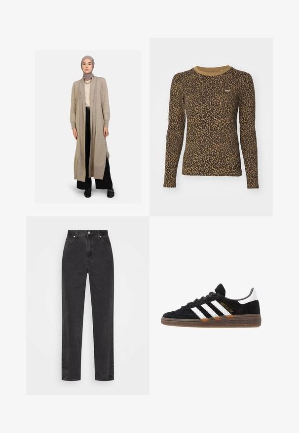 Cárdigan largo beige hecho de un suave tejido de punto, con un corte holgado, abertura frontal, laterales con aberturas y puños acanalados, superpuesto sobre una blusa crema y pantalones negros.; Camiseta de manga larga marrón con un patrón de estampado de leopardo, escote redondo y un ligero estiramiento. Pequeño parche con logotipo en la parte delantera.; Jeans de talle alto negros fabricados en denim, con un diseño de pierna recta, bolsillos frontales, cremallera y cierre de botón metálico.; Zapatilla negra de Adidas con franjas blancas, texto dorado "Spezial", suela de goma y talón blanco, mostrada en vista lateral.